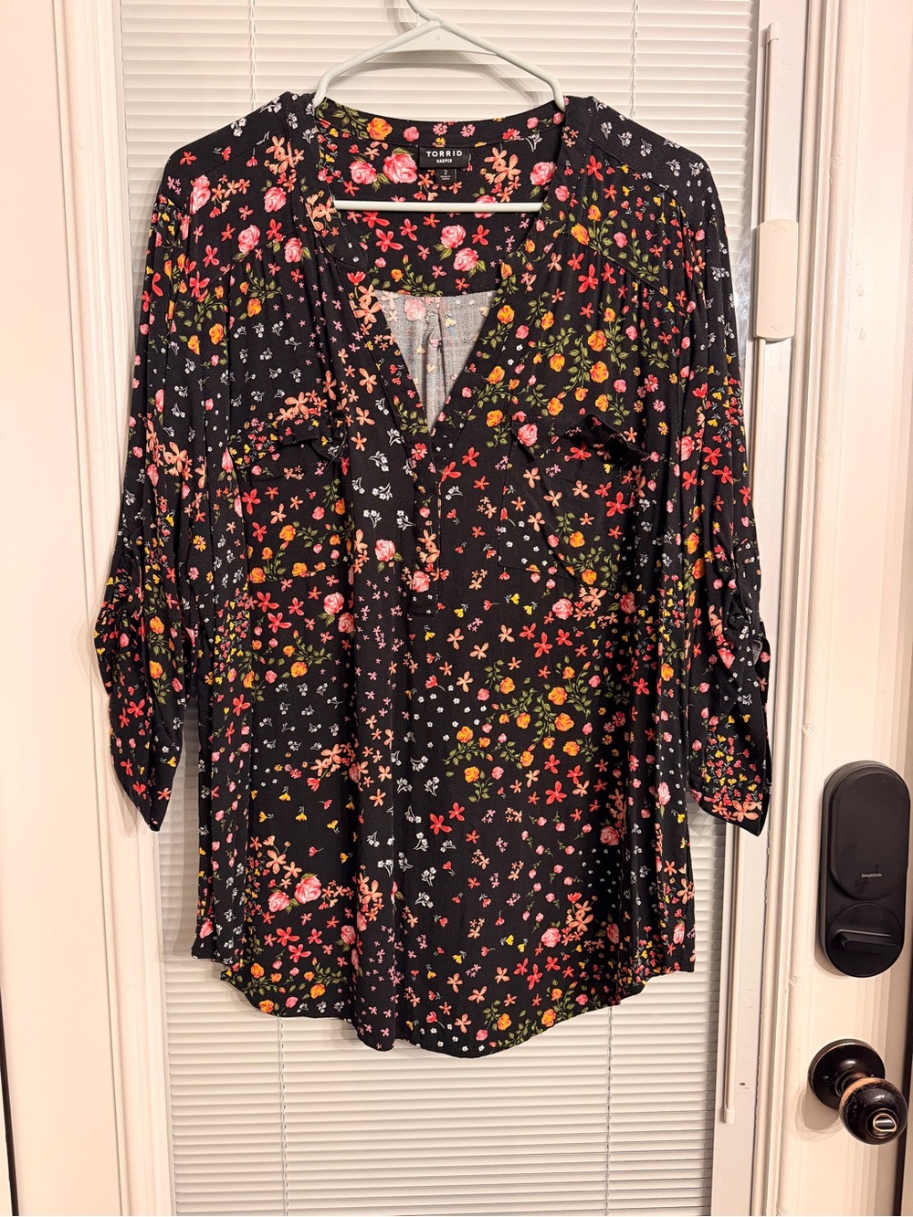 torrid Black Floral Split-Neck Tunic with Pink & Orange Blooms
